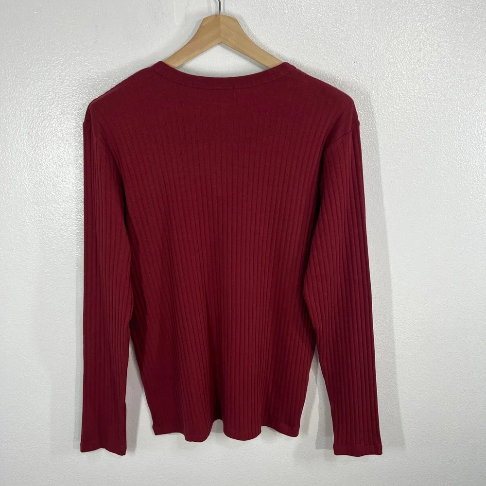 Kate Quinn Ribbed Henley Long Sleeve Top Medium‎ Burgundy Organic Cotton Spandex